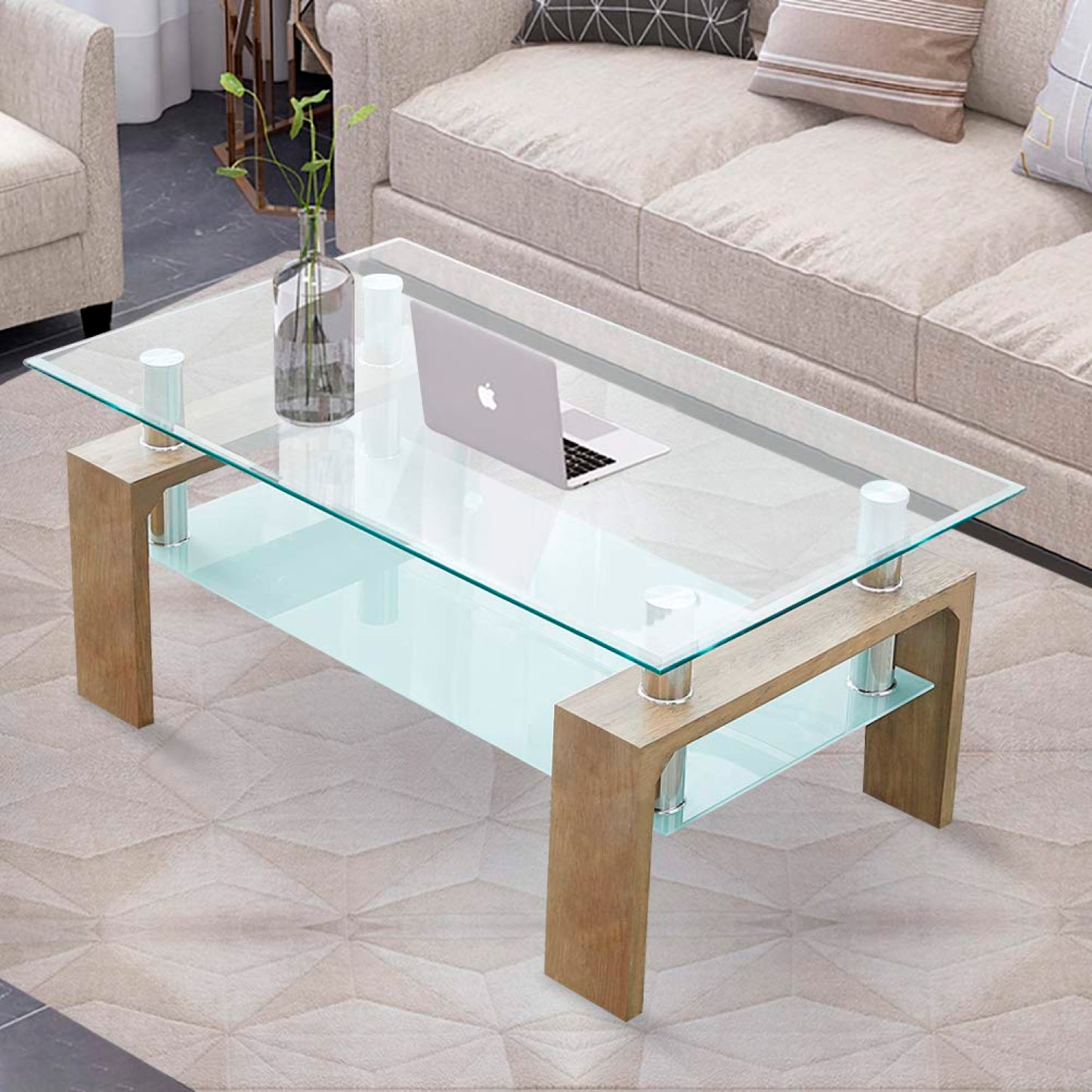 Mesa de Centro Rectangular de Vidrio Madera Clara