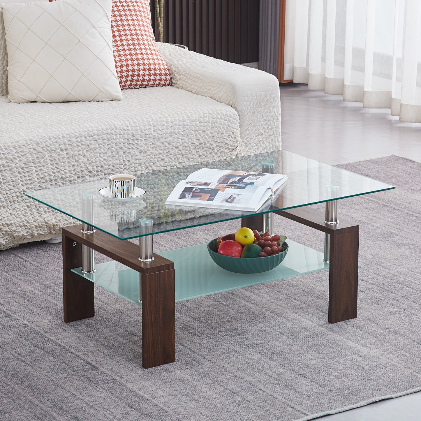 Mesa de Centro para Living Rectangular de Vidrio y Madera Oscura