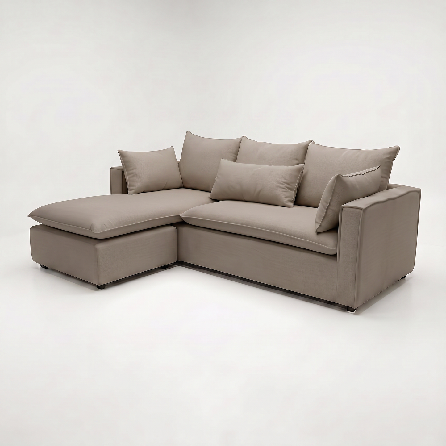 Sofá Seccional Enti 3 Cojines Respaldo / 210 y 233 cm, L Fija e Intercambiable / CAFE CLARO & Almacenamiento / Lino Rustico, Soft y Felpa (copia)