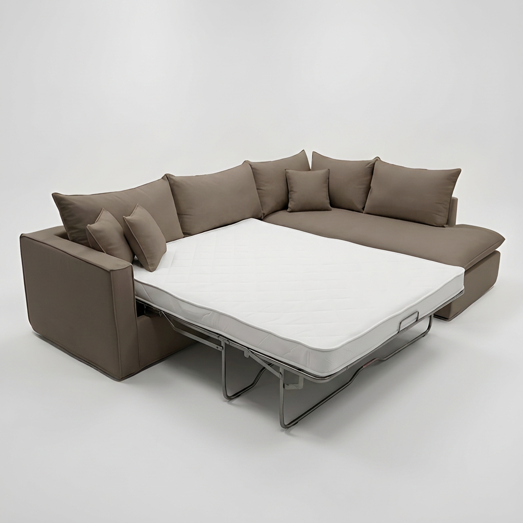 Seccional Enti Hybrido Sofa Cama / 3x2 m y 270 x 170 cm / BEIGE ARENA & Almacenamiento / Lino Rustico, Soft y Felpa