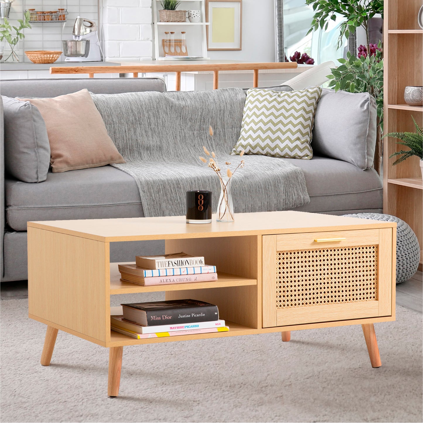 Mesa de Centro con rattan y madera
