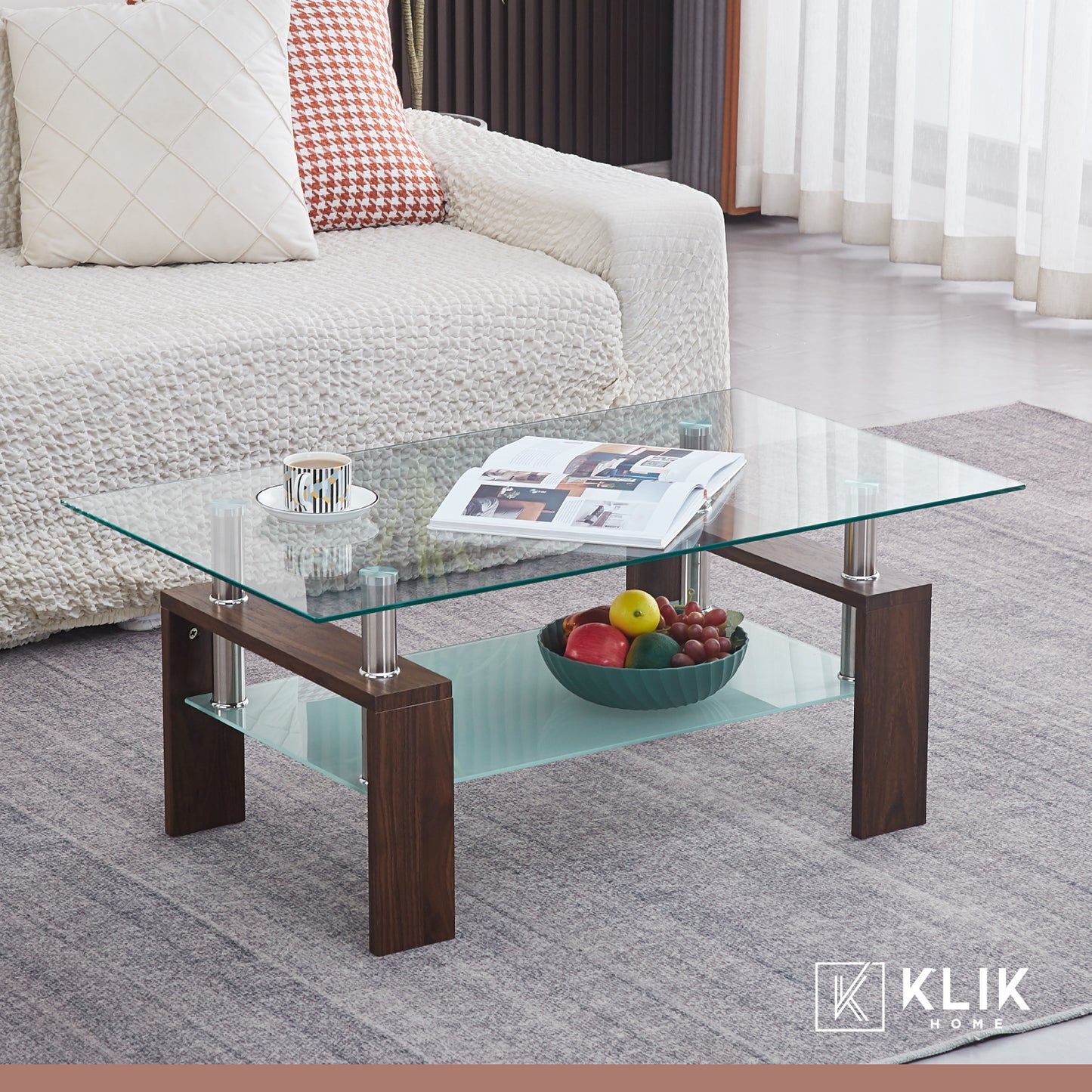 Mesa de Centro para Living Rectangular de Vidrio y Madera Oscura