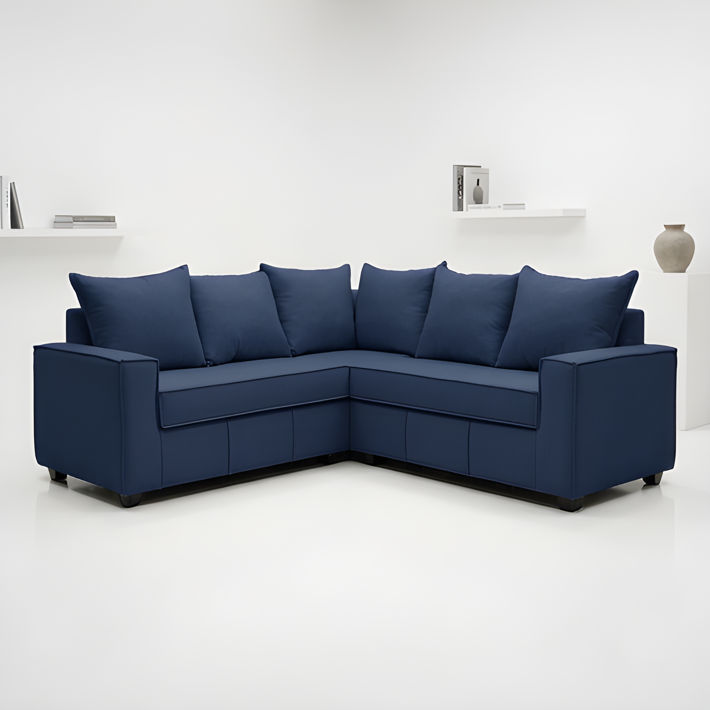 Mini Secional Homero Stripes Full Seat 210 x 210 Cojines Grandes / AZUL MARINO & Almacenamiento / Lino Rustico, Soft y Felpa
