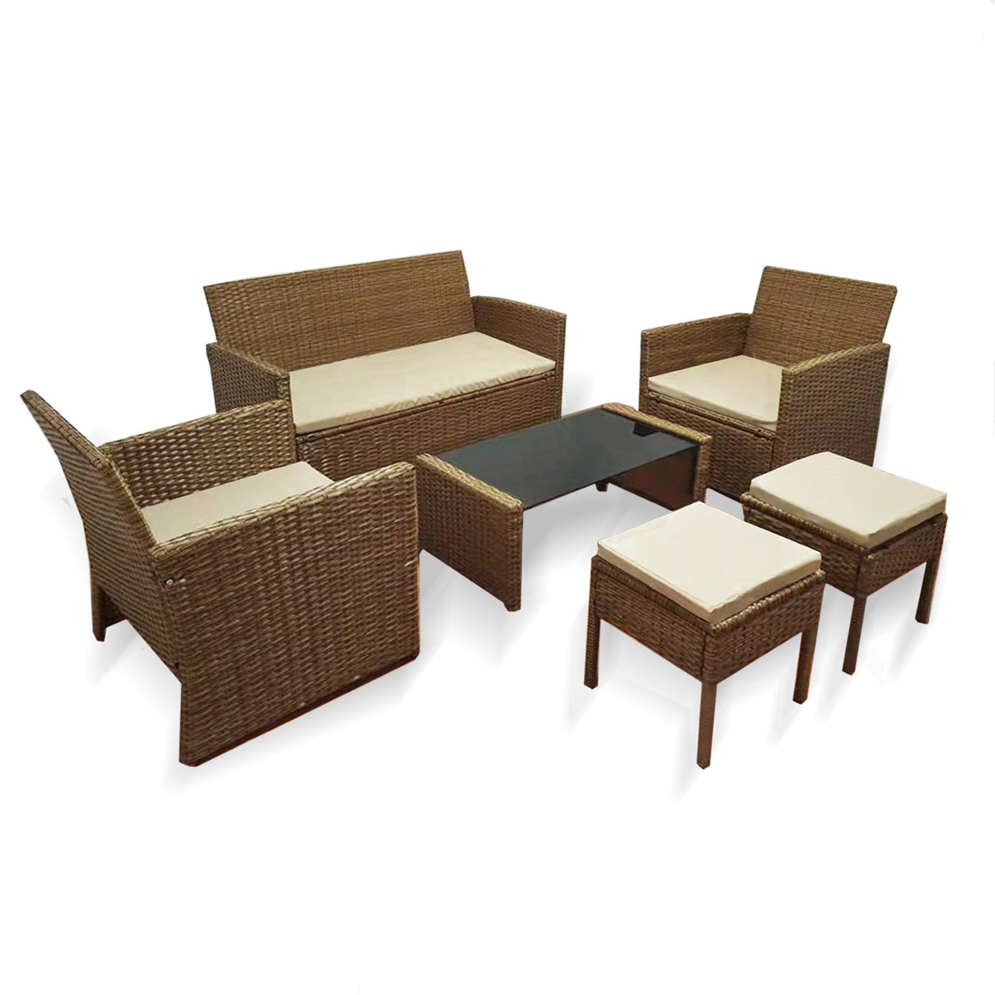 Juego de Terraza Living de Mimbre Sintético Perséfone Sofá + Sitiales + Bancos + Mesa Centro Cafe Caramelo