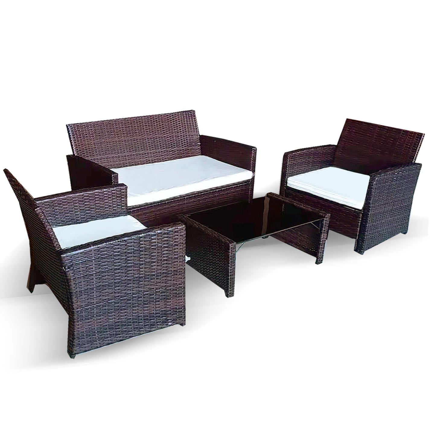 Juego de Terraza Living de Mimbre Sintético Belofonte Sofá + Sitiales + Mesa Centro Cafe Oscuro