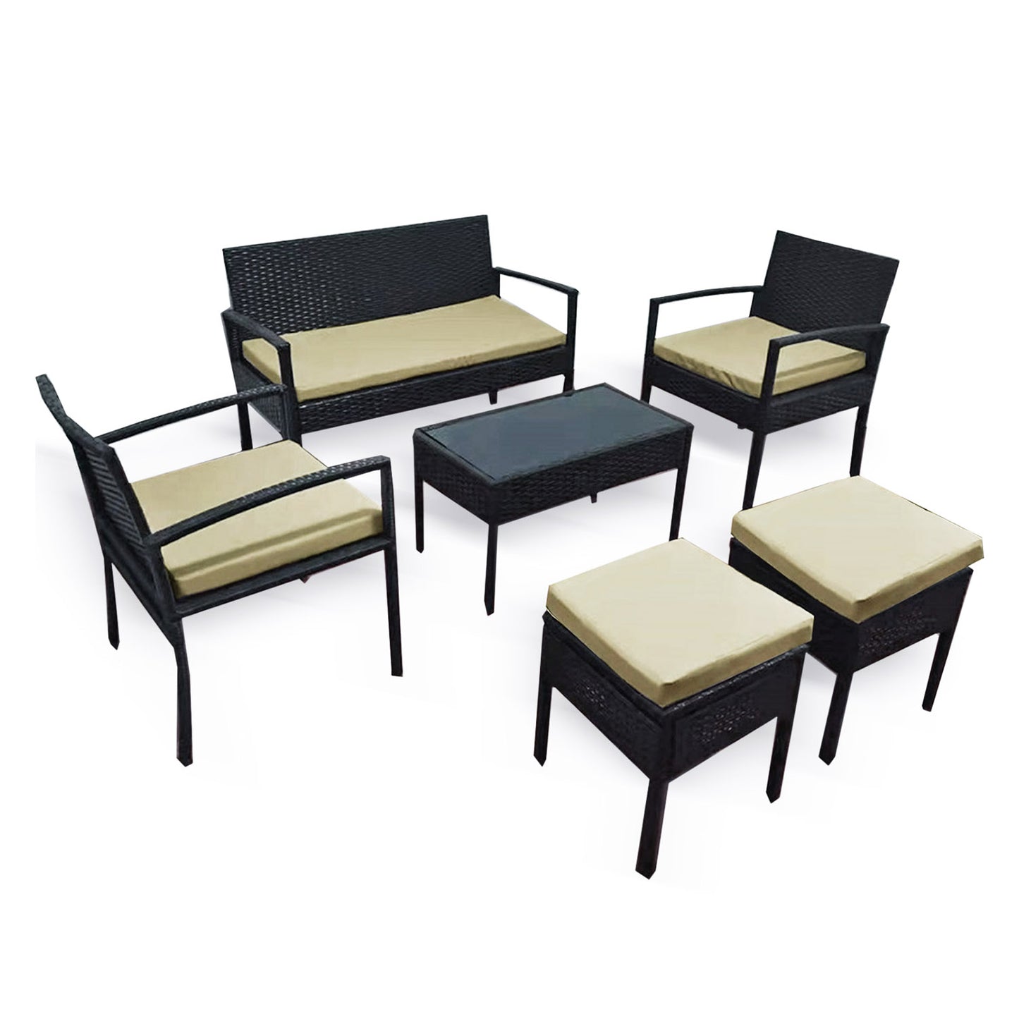 Juego de Terraza Living de Mimbre Sintético Athenas Sofá + Sitiales + Mesa de Centro Color Negro