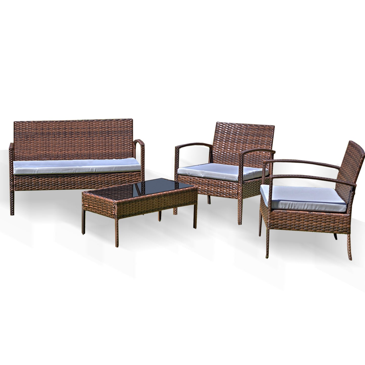 Juego de Terraza Living de Mimbre Sintético Allegro Sofá + Sitiales + Mesa de Centro Color Cafe Caramelo