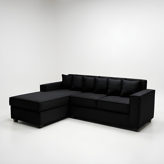 Seccional L Intercambiable & Fija Homero XL 233 x 175 Cojines Pequeños / NEGRO & Almacenamiento / Lino Rustico, Soft y Felpa