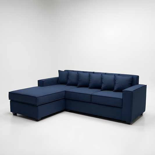 Seccional L Intercambiable & Fija Homero XL 233 x 175 Cojines Pequeños / AZUL MARINO & Almacenamiento / Lino Rustico, Soft y Felpa