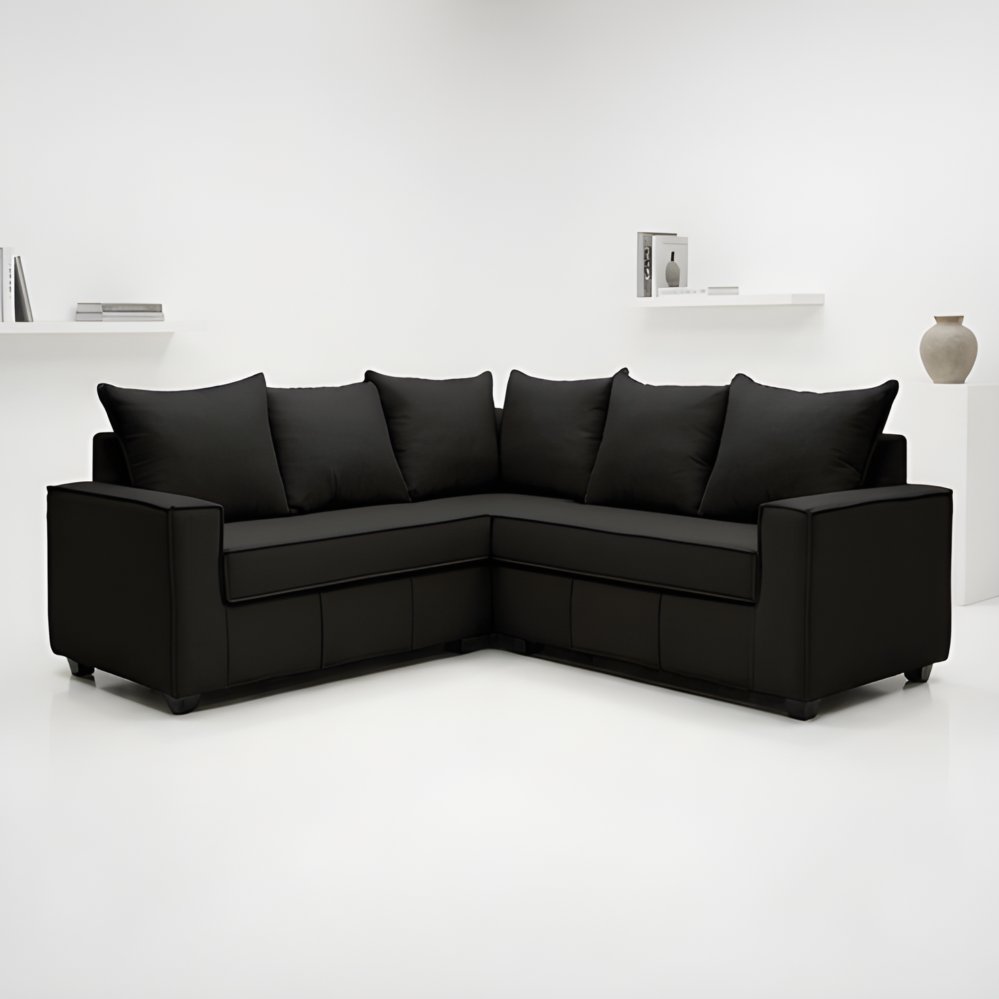 Mini Secional Homero Stripes Full Seat 210 x 210 Cojines Grandes / NEGRO & Almacenamiento / Lino Rustico, Soft y Felpa