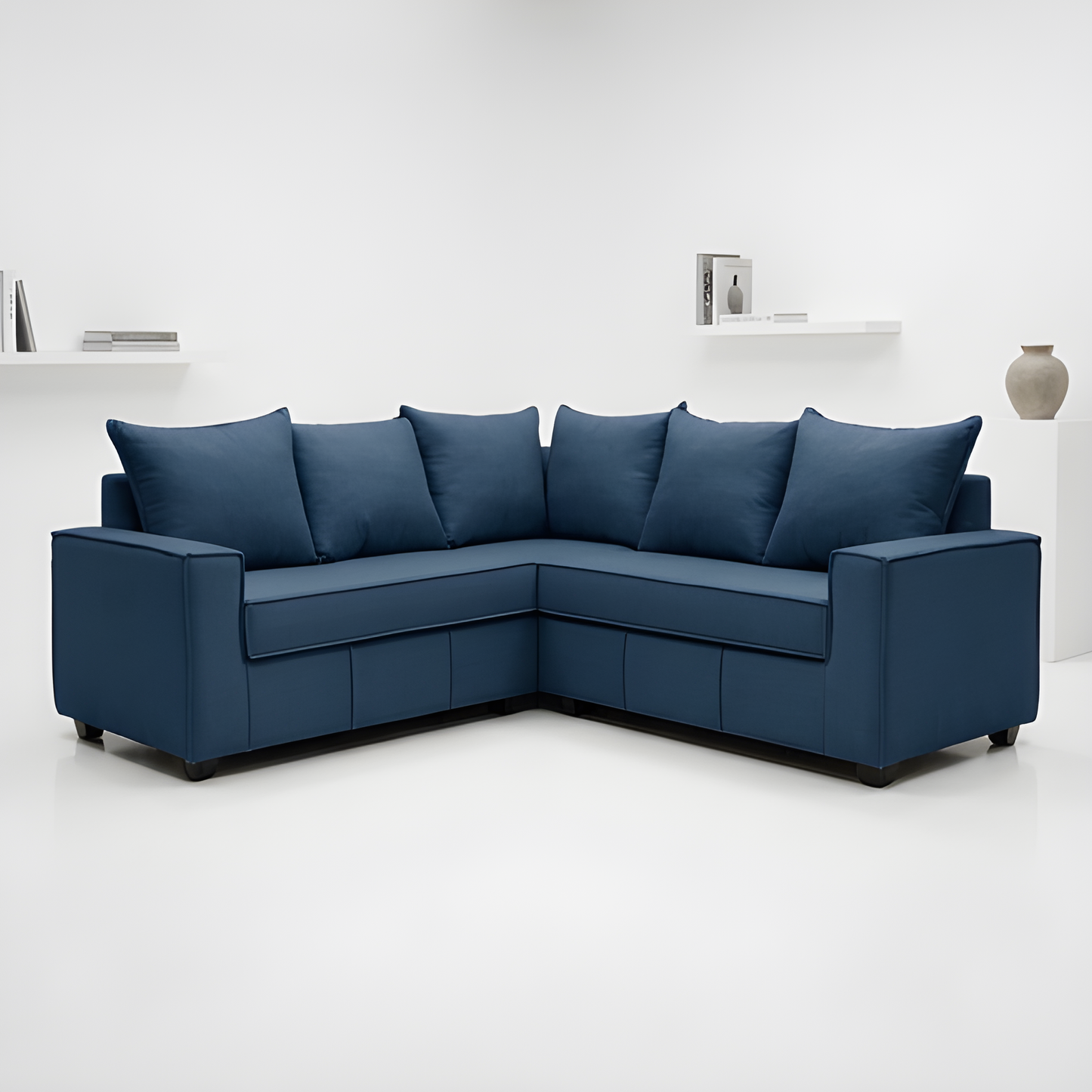 Mini Secional Homero Stripes Full Seat 210 x 210 Cojines Grandes / AZUL PIEDRA & Almacenamiento / Lino Rustico y Felpa
