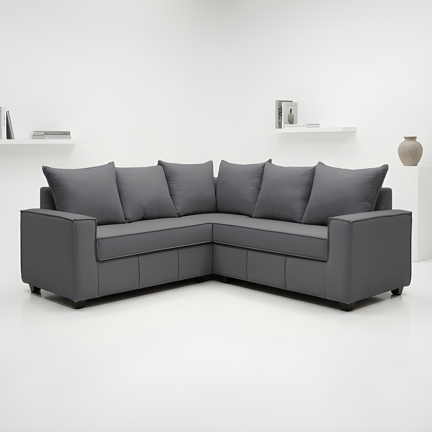 Mini Secional Homero Stripes Full Seat 210 x 210 Cojines Grandes / GRIS MEDIO & Almacenamiento / Lino Rustico, Soft y Felpa