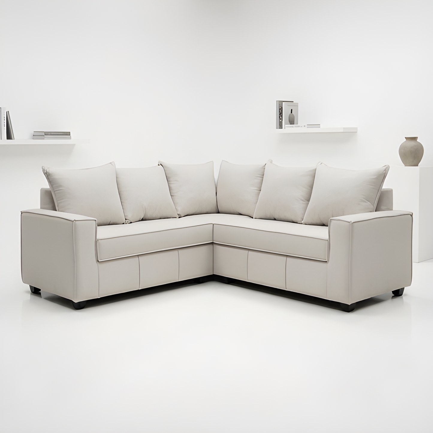 Mini Secional Homero Stripes Full Seat 210 x 210 Cojines Grandes / BLANCO HUESO & Almacenamiento / Lino Rustico, Soft y Felpa