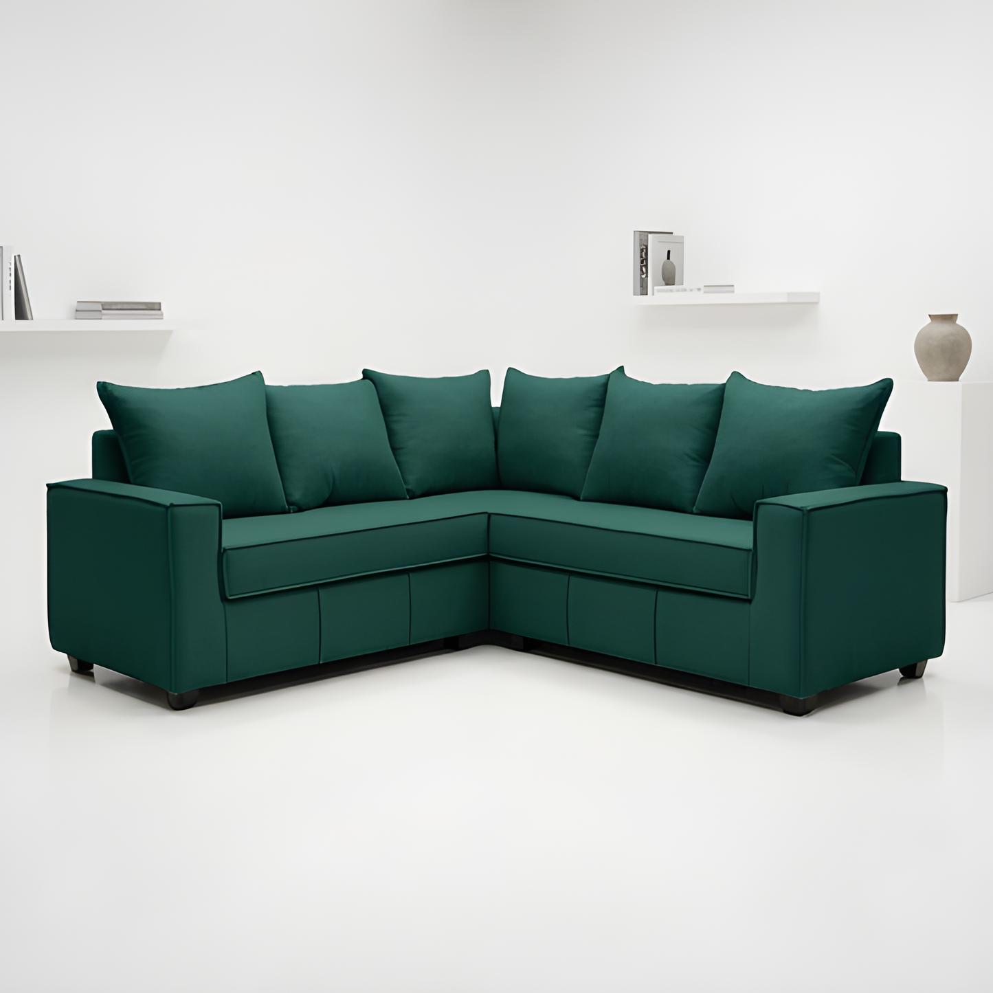 Mini Secional Homero Stripes Full Seat 210 x 210 Cojines Grandes / VERDE OSCURO & Almacenamiento / Lino Soft y Felpa