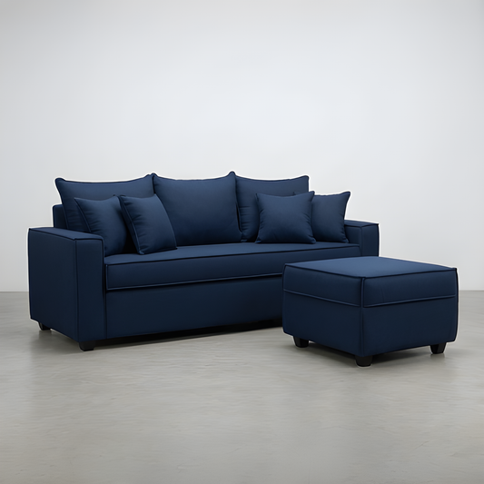 Sofá Homero 3 Cuerpos Full Seat + Puf 67 x 67 / AZUL MARINO & Almacenamiento / Lino Rustico, Soft y Felpa