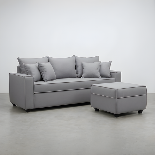 Sofá Homero 3 Cuerpos Full Seat + Puf 67 x 67 / GRIS CLARO & Almacenamiento / Lino Rustico, Soft y Felpa