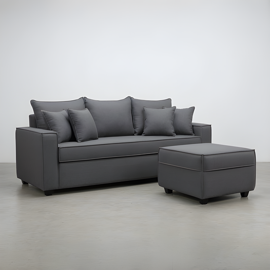 Sofá Homero 3 Cuerpos Full Seat + Puf 67 x 67 / GRIS MEDIO & Almacenamiento / Lino Rustico, Soft y Felpa