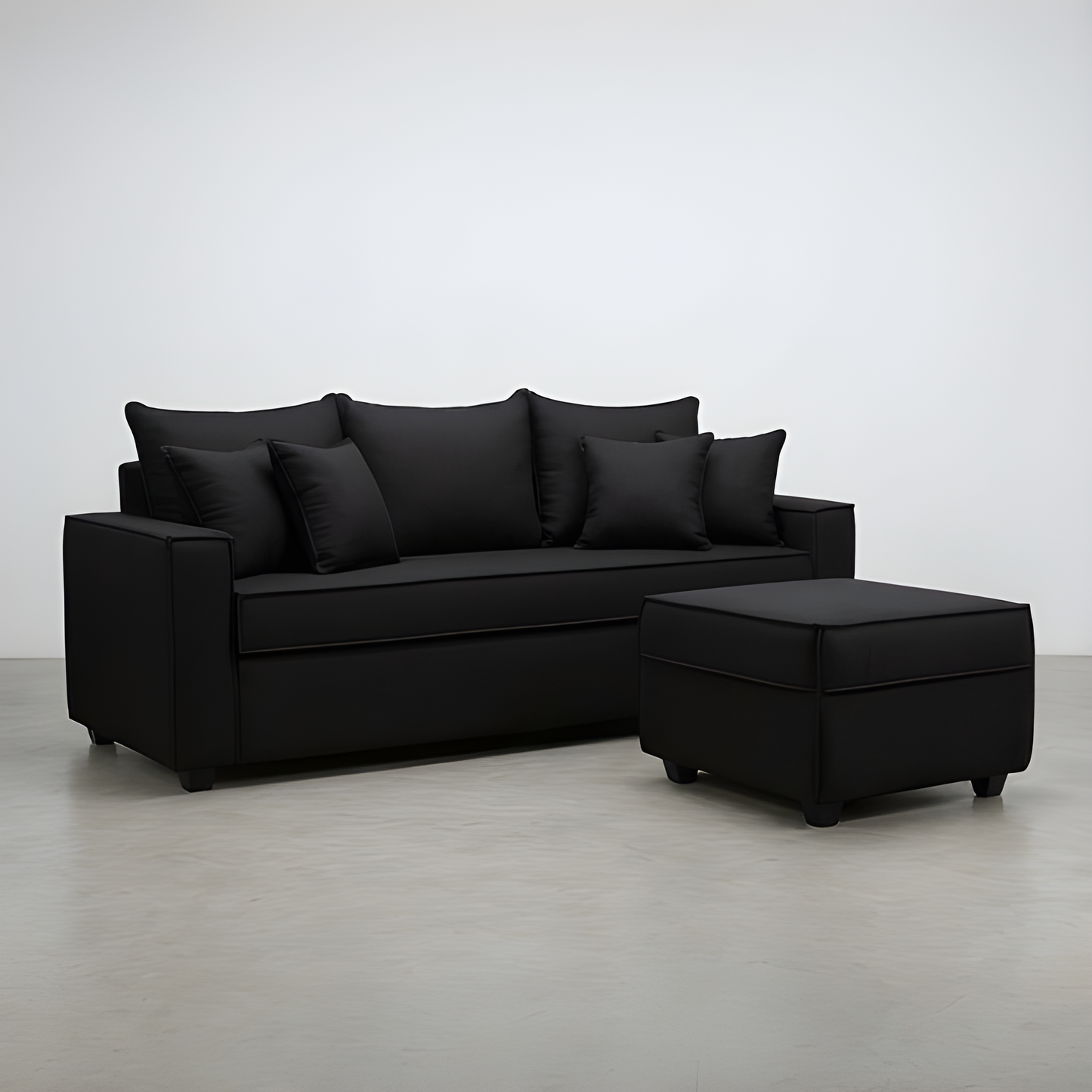 Sofá Homero 3 Cuerpos Full Seat + Puf 67 x 67 / NEGRO & Almacenamiento / Lino Rustico, Soft y Felpa