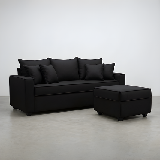 Sofá Homero 3 Cuerpos Full Seat + Puf 67 x 67 / NEGRO & Almacenamiento / Lino Rustico, Soft y Felpa