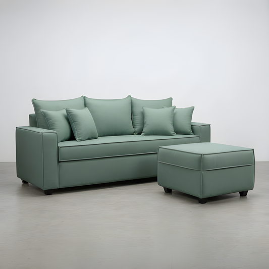 Sofá Homero 3 Cuerpos Full Seat + Puf 67 x 67 / VERDE MENTA & Almacenamiento / Lino Soft y Felpa