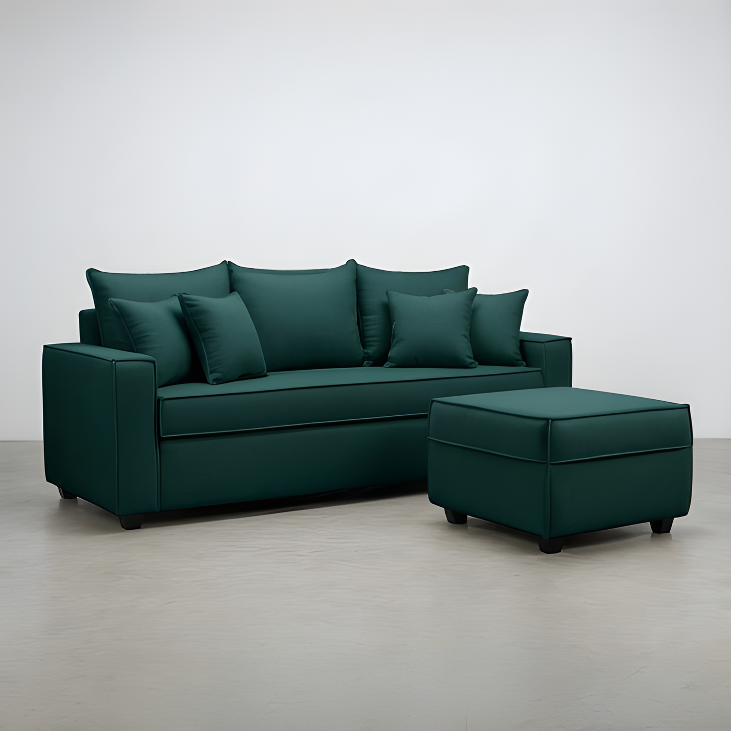 Sofá Homero 3 Cuerpos Full Seat + Puf 67 x 67 / VERDE OSCURO & Almacenamiento / Lino Soft y Felpa