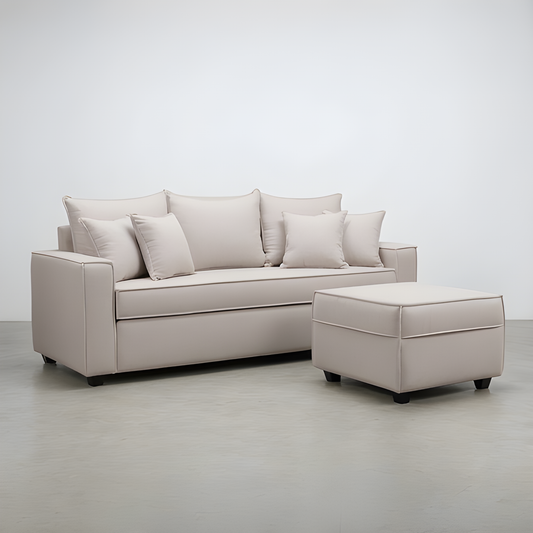Sofá Homero 3 Cuerpos Full Seat + Puf 67 x 67 / BLANCO HUESO & Almacenamiento / Lino Rustico, Soft y Felpa